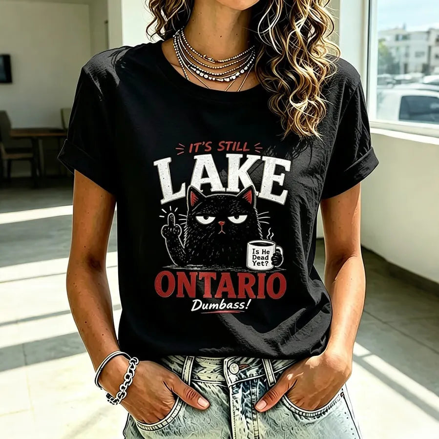 Women's Retro Lake Ontario Cat Art Print Crew Neck Short Sleeve T-shirt