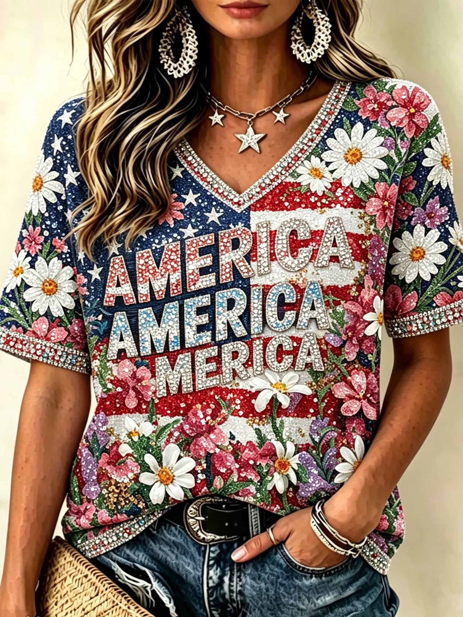 Women's American Flag And Floral Sequin Print T-shirt
