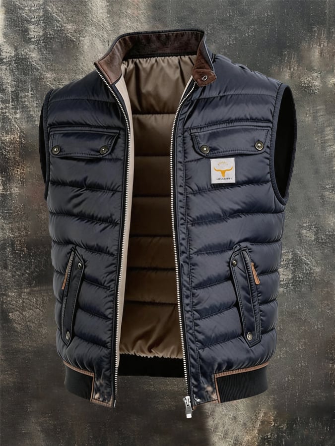 Men's Retro Leather-Panelled Insulated Outdoor Hooded Vest