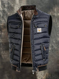 Men's Retro Leather-Panelled Insulated Outdoor Hooded Vest