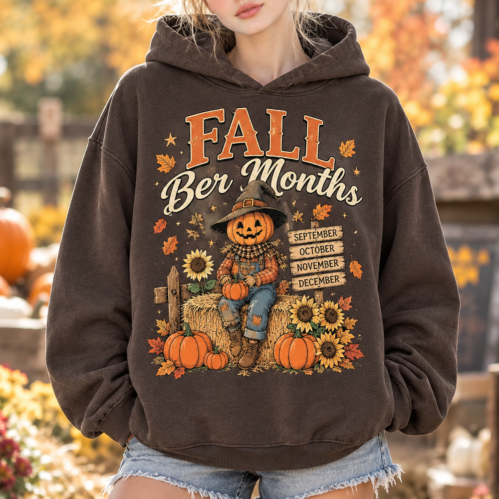Women's "fall Ber Months" Scarecrow And Pumpkin Graphic Hoodie