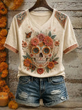 Women's Day Of The Dead Floral Sugar Skull Monarch Butterfly Green Leaves Print V Neck Raglan T-Shirt