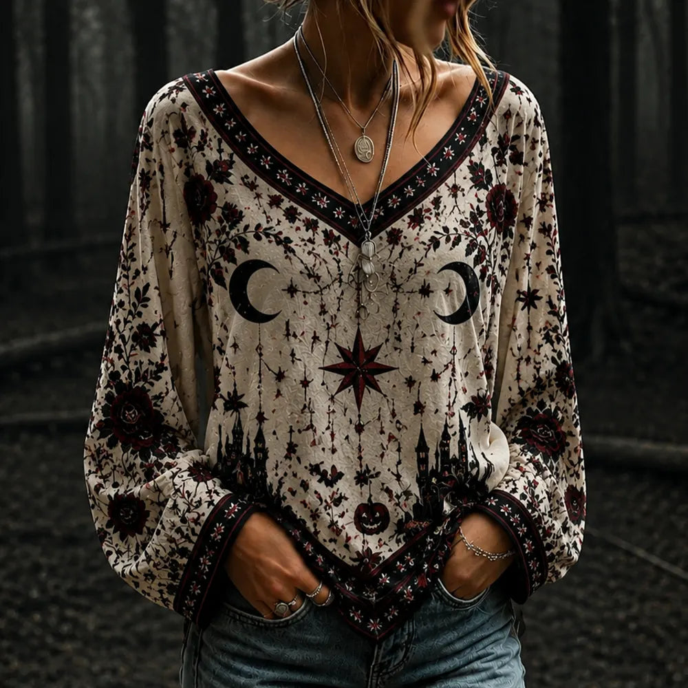 Women's V-neck Long Batwing Sleeve Casual Blouse With Gothic Crescent Moon, Castle, And Floral Print