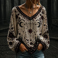 Women's V-neck Long Batwing Sleeve Casual Blouse With Gothic Crescent Moon, Castle, And Floral Print