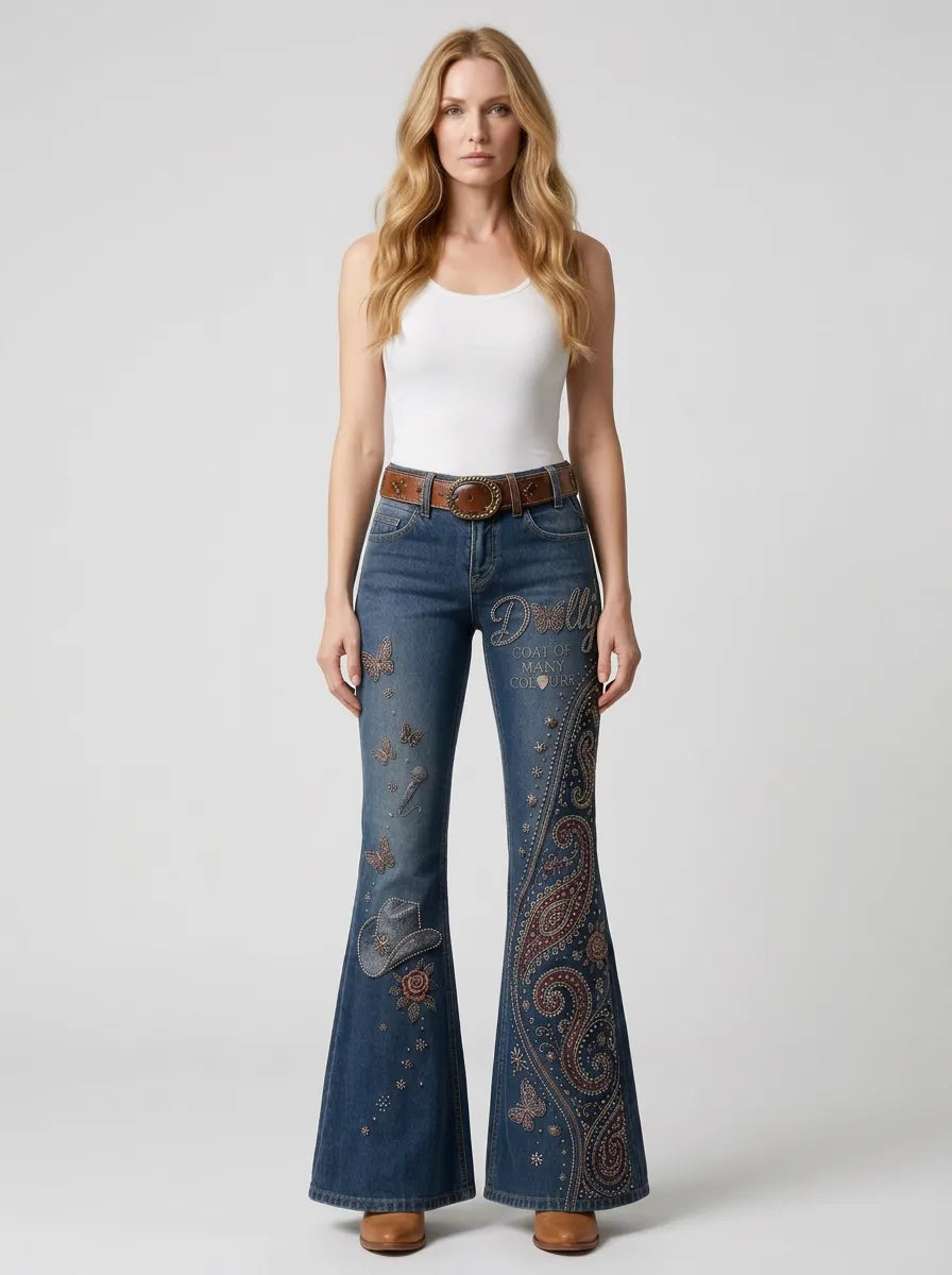 Women's Dolly Parton Coat of Many Colours Paisley Butterfly Printed Flare Jeans