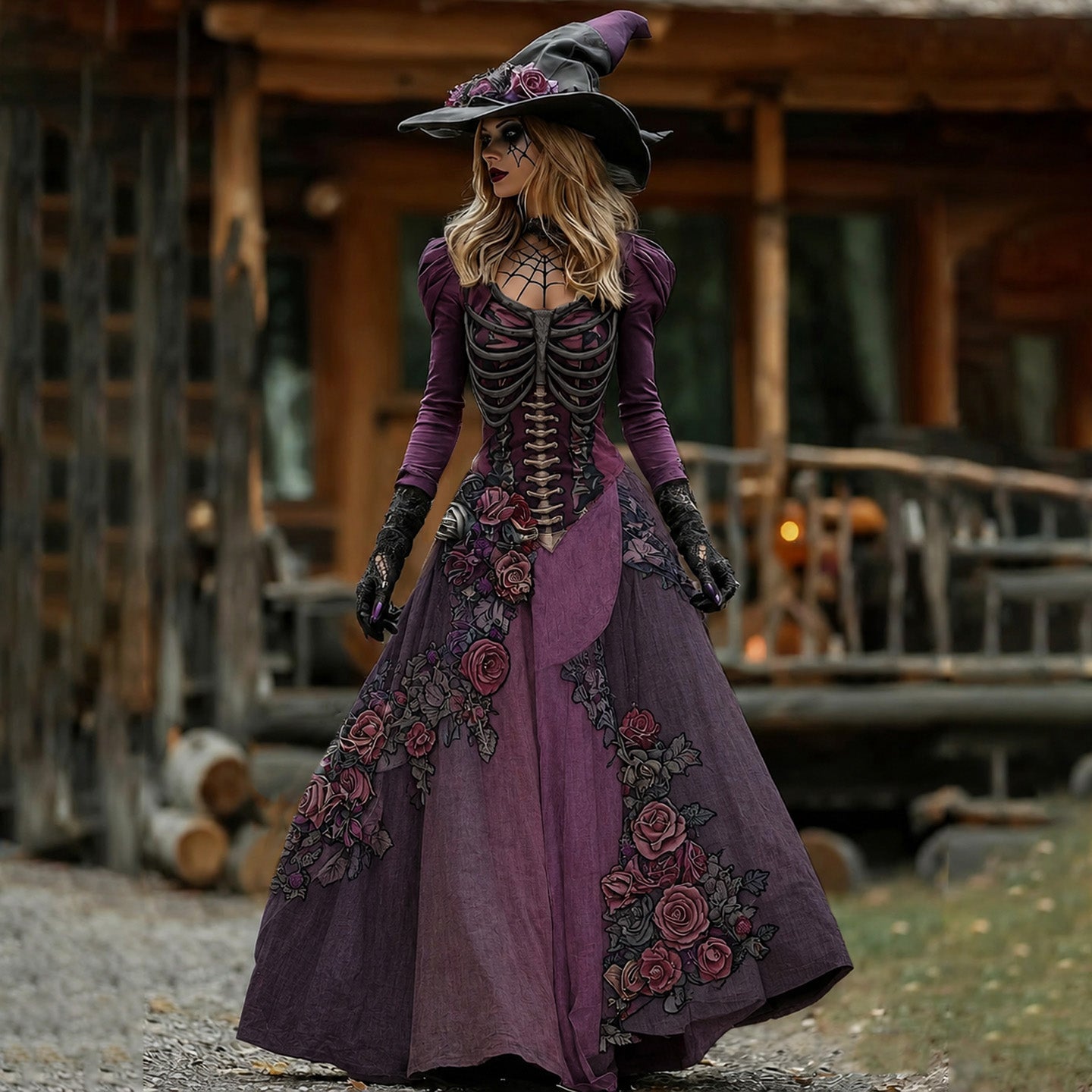 Vintage  Skull Rib Cage Rose Pattern Maxi Dress
