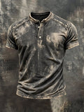 Men's Retro Pure Cotton Washed Color Block Casual Henley Collar Short-Sleeve Top