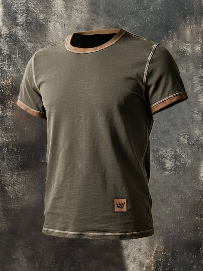 Classic Basic Casual Colorblock Round Neck Short Sleeve T-Shirt for Men