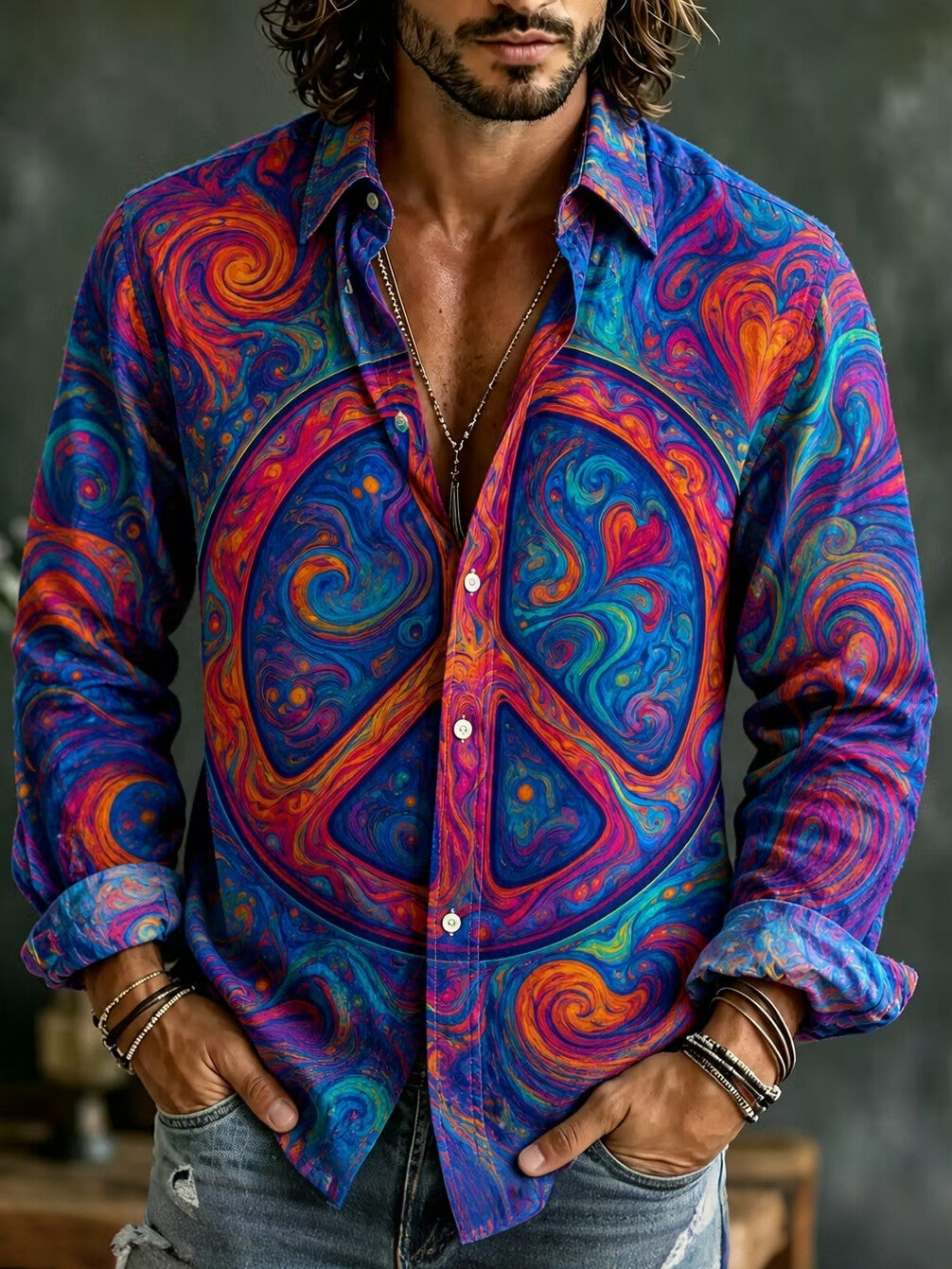 Men's Hippie Psychedelic Swirl Peace Sign Print Long Sleeve Shirt