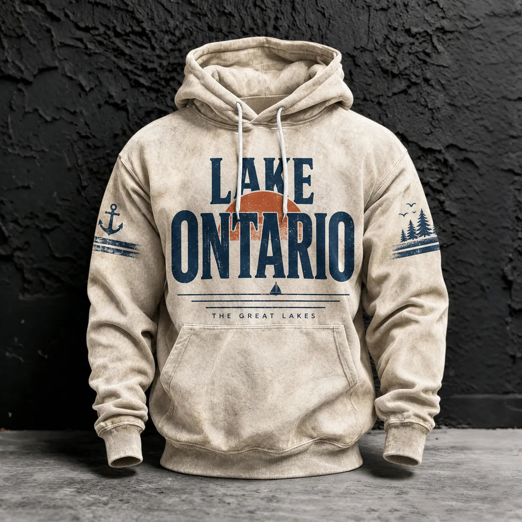 Men's Retro Lake Ontario Print Long Sleeve Hoodie