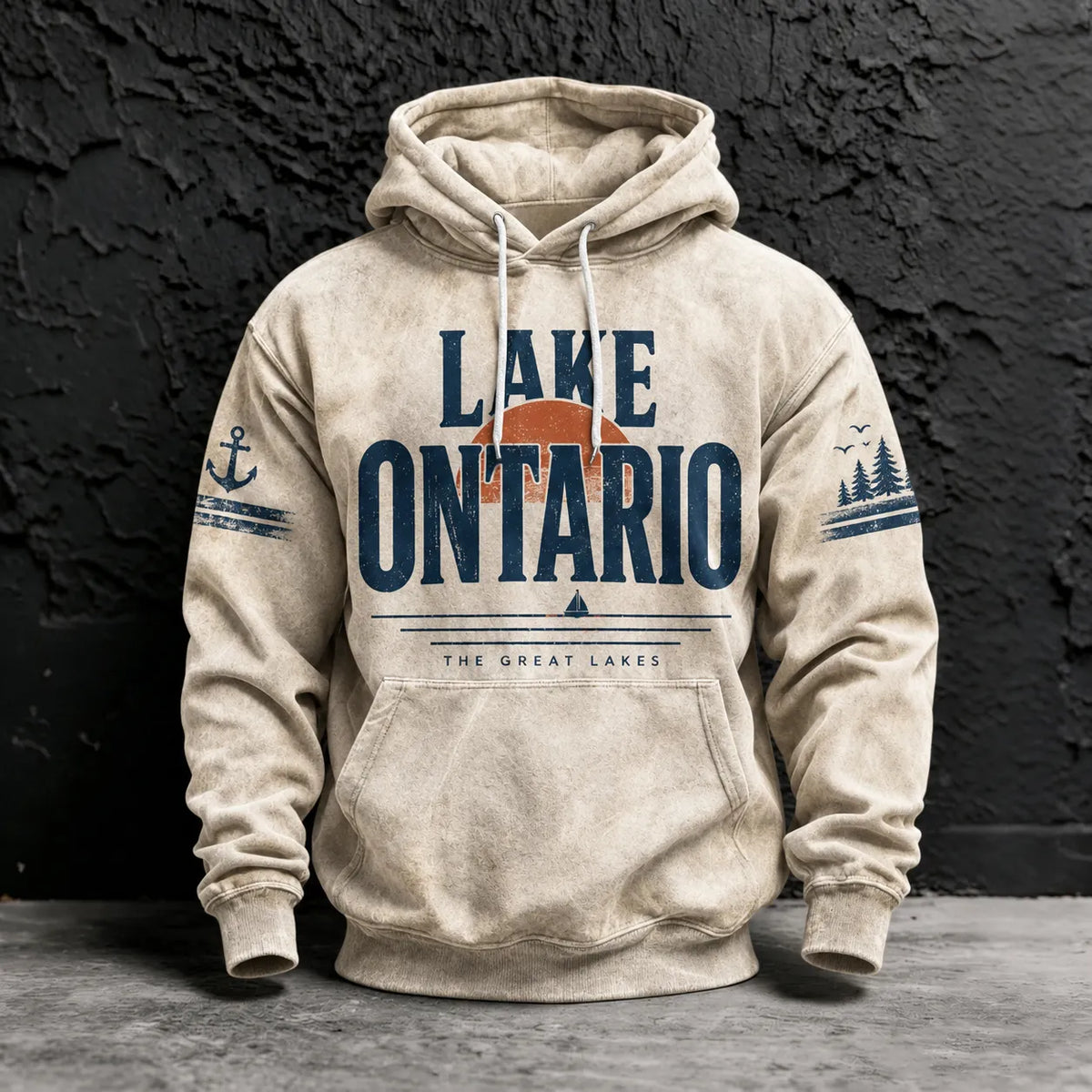 Men's Retro Lake Ontario Print Long Sleeve Hoodie