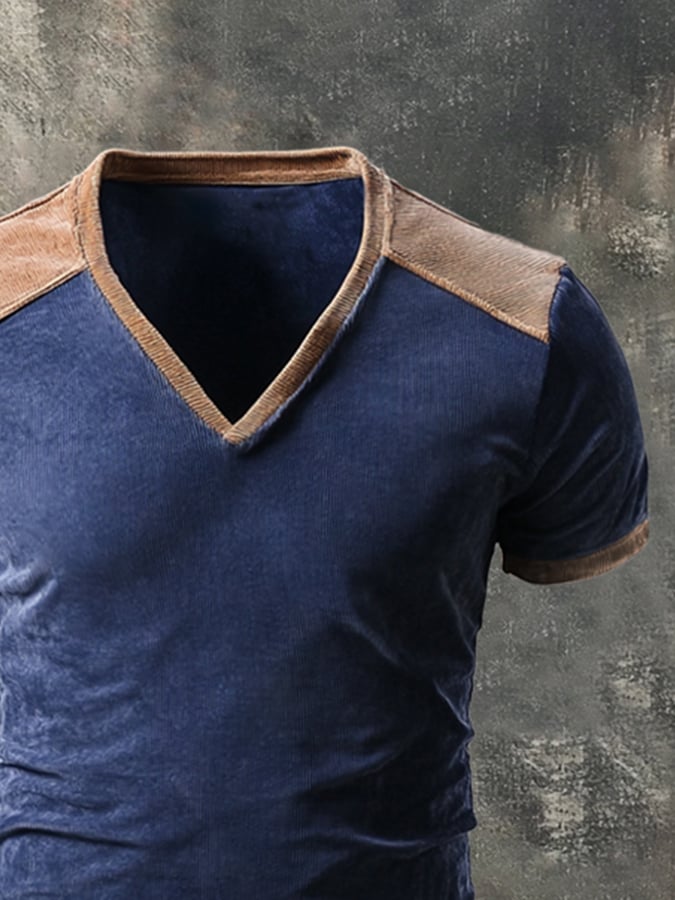 Men's casual short-sleeved T-shirt with retro stitching and contrast color