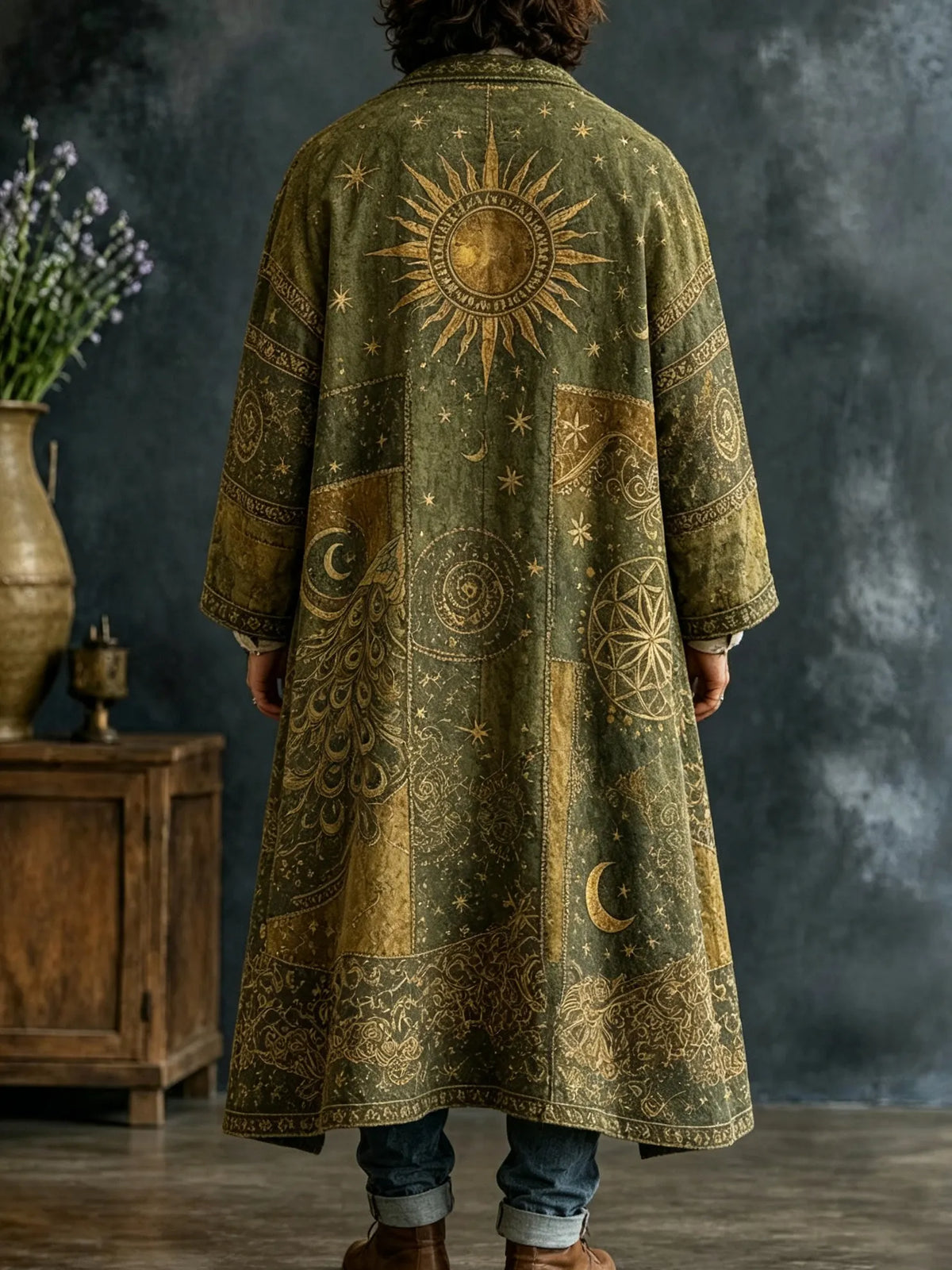 Men's Vintage Boho Peacock Moth Celestial Blocks Art Print Kimono Cardigan