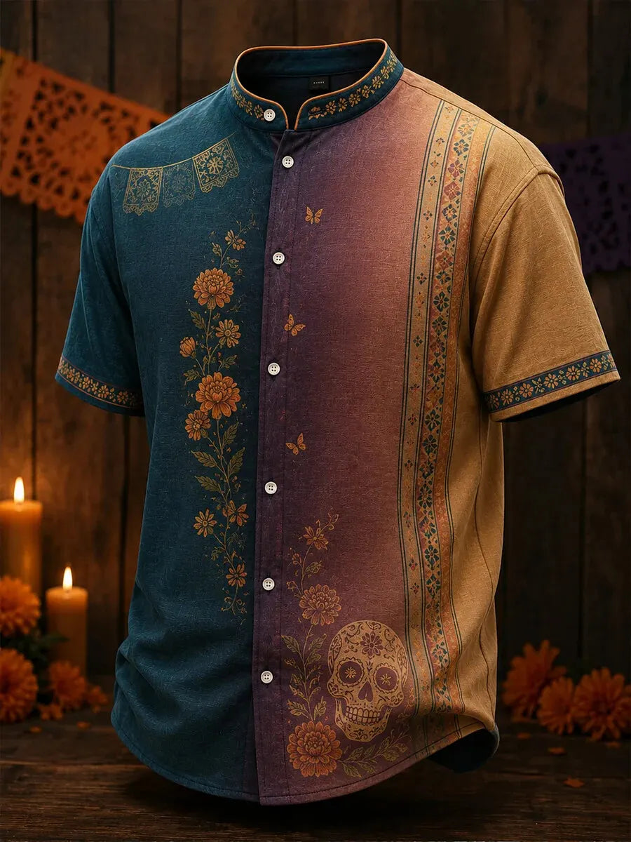 Men's Day Of The Dead Print Stand Collar Short Sleeve Shirt