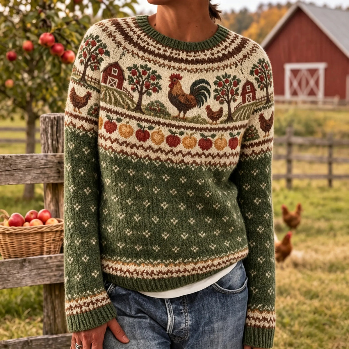 Women's Vintage Farm Animal Print Casual Crew-neck Knit Sweater