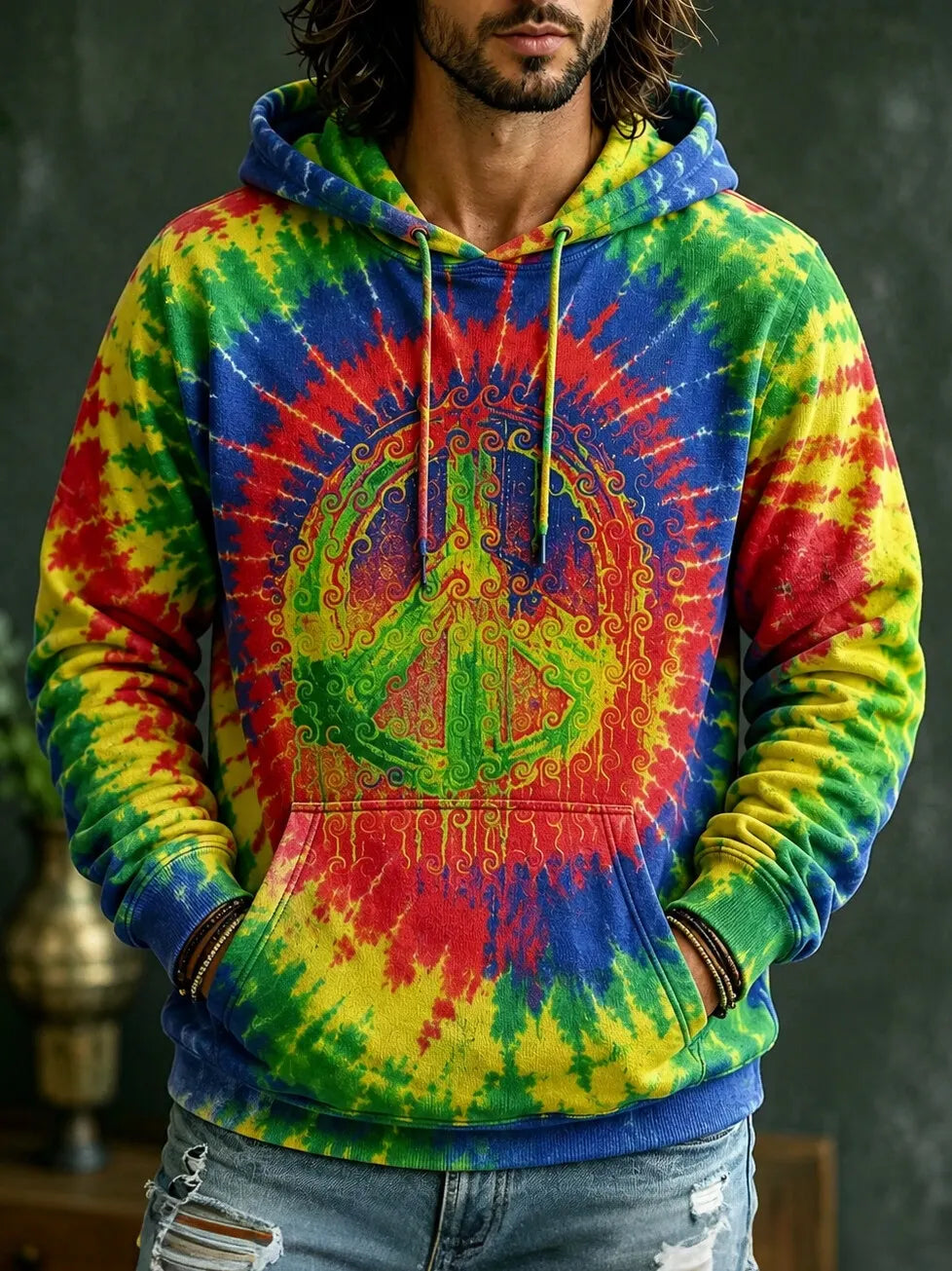 Men's Rainbow Spiral Tie‐Dye Bohemian Peace Sign Curved Swirl Print Hoodies