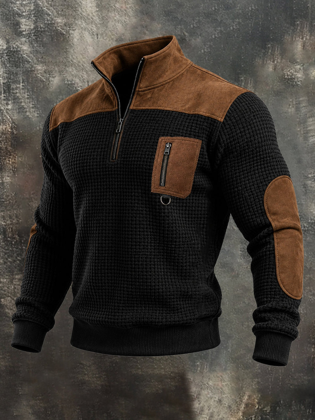 Men's Retro Waffle-Knit and Faux Suede Panel Zip-Up Sweatshirt