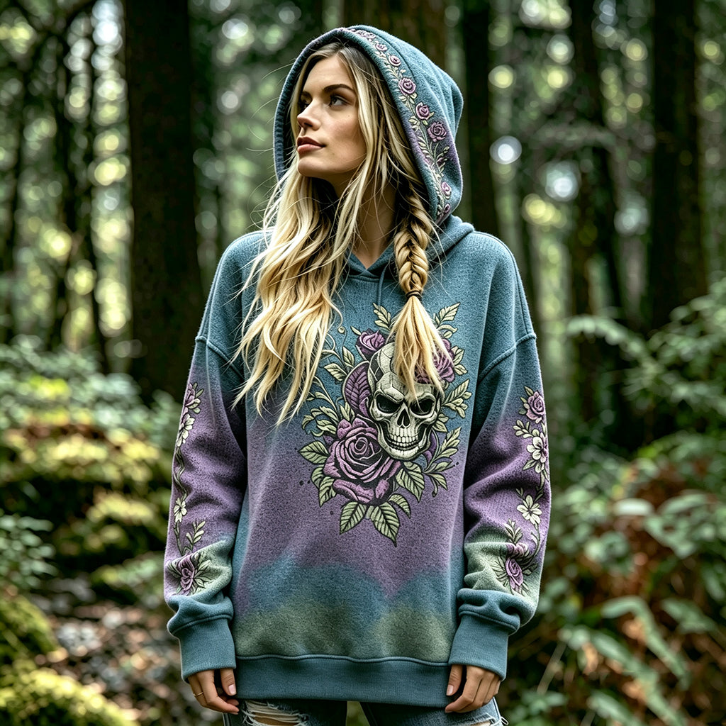 Women's Retro Viking Skull And Rose Pattern Casual Warm Hooded Sweater