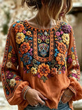 Women's Day of the Dead Colorful Floral Sugar Skull Print Lantern Sleeve Top