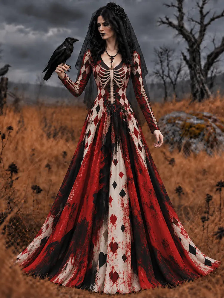 Women's Halloween Human Skeleton And Poker Vintage Art Comfy Maxi Dress