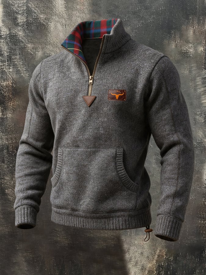 Men's Retro Color-Block Plaid Patchwork Quarter-Zip Mock-Neck Sweater