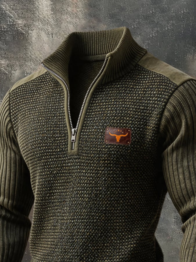 Men's Vintage-Style Suede-Panel Button-Front Long-Sleeve Henley Sweater