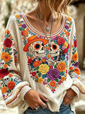 Women's Day of the Dead Folk Art Dual Sugar Skulls and Flowers Print Lantern Sleeve Top