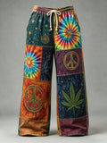 Men's Hippie Patchwork Tie‐Dye Peace Sign Compass Constellation Leaf Star Print Pants