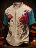 Men's Day Of The Dead Portrait With Floral And Skull Print Stand Collar Short Sleeve Shirt