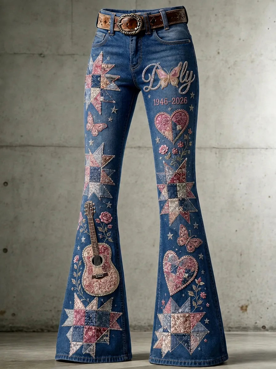 Women's Dolly Parton Guitar Butterfly Quilt Printed Flare Jeans