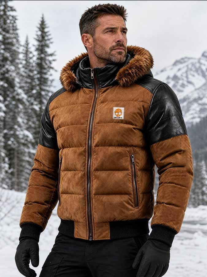 Men's Vintage Color-Block Leather Hooded Down Jacket