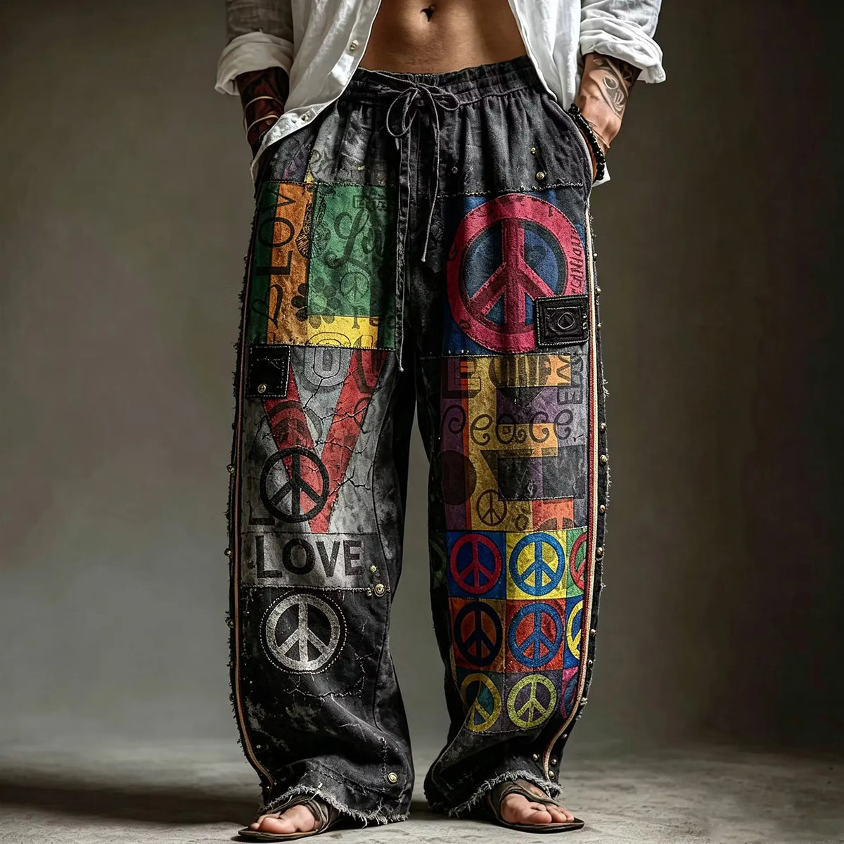 Men's Vintage Patchwork Colorful Peace Sign Love Graphic Print Pants