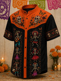 Men's Day Of The Dead Print Stand Collar Short Sleeve Shirt