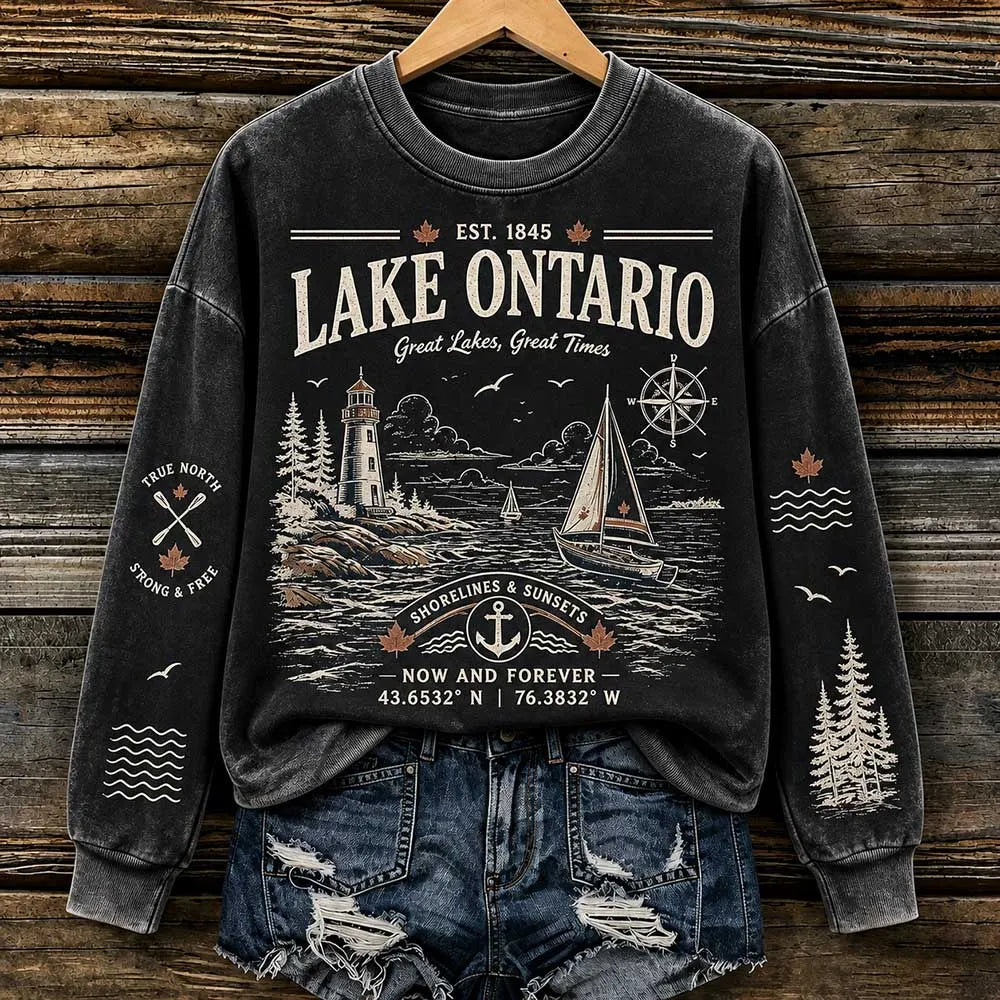 Women's Lake Ontario Graphic Crewneck Sweatshirt - Vintage Lighthouse & Sailboat Print