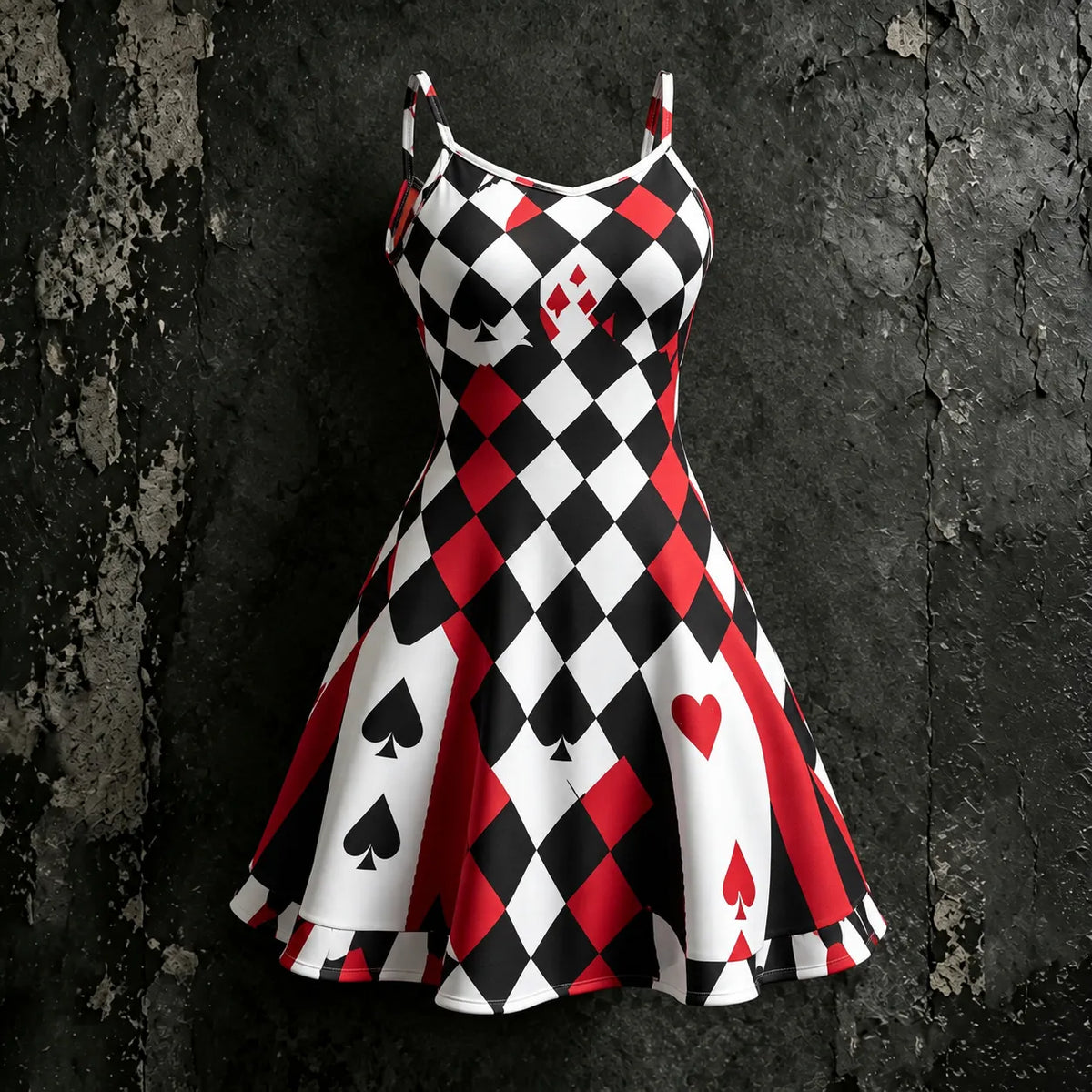 Women's Retro Halloween Clown Playing Card Color Block Print Hoodie Suspender Dress Two-piece Set