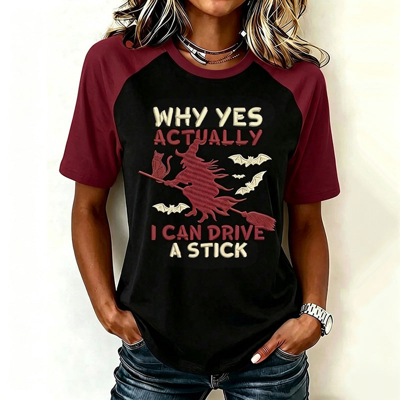 Women's Retro Halloween Theme Pattern I Can Drive A Stick Print Short-sleeve T-shirt
