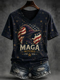 Women's Halloween Witch And American Flag Art Casual V-neck T-shirt