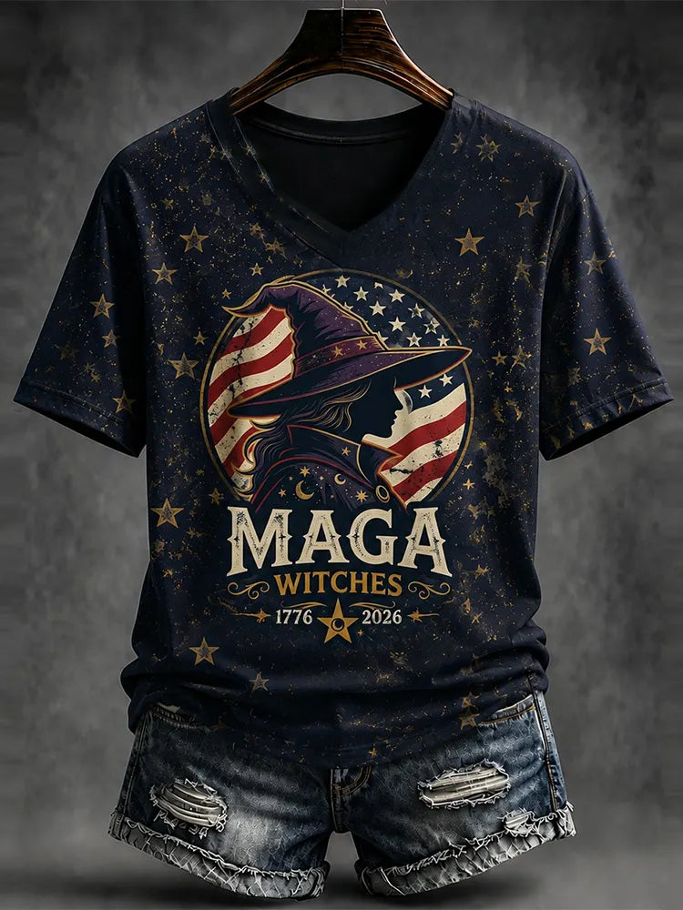 Women's Halloween Witch And American Flag Art Casual V-neck T-shirt