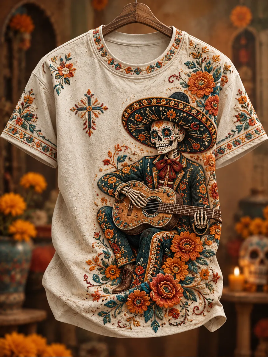 Men's Mexico Day of The Dead Floral Art Printed short sleeves t-shirt