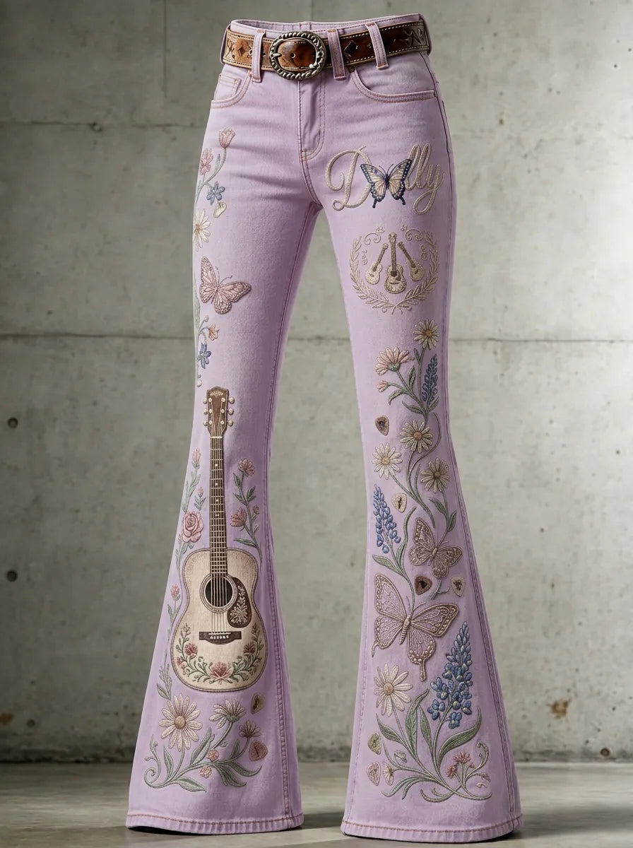 Women's Dolly Parton Guitar Butterfly Floral Printed Flare Jeans