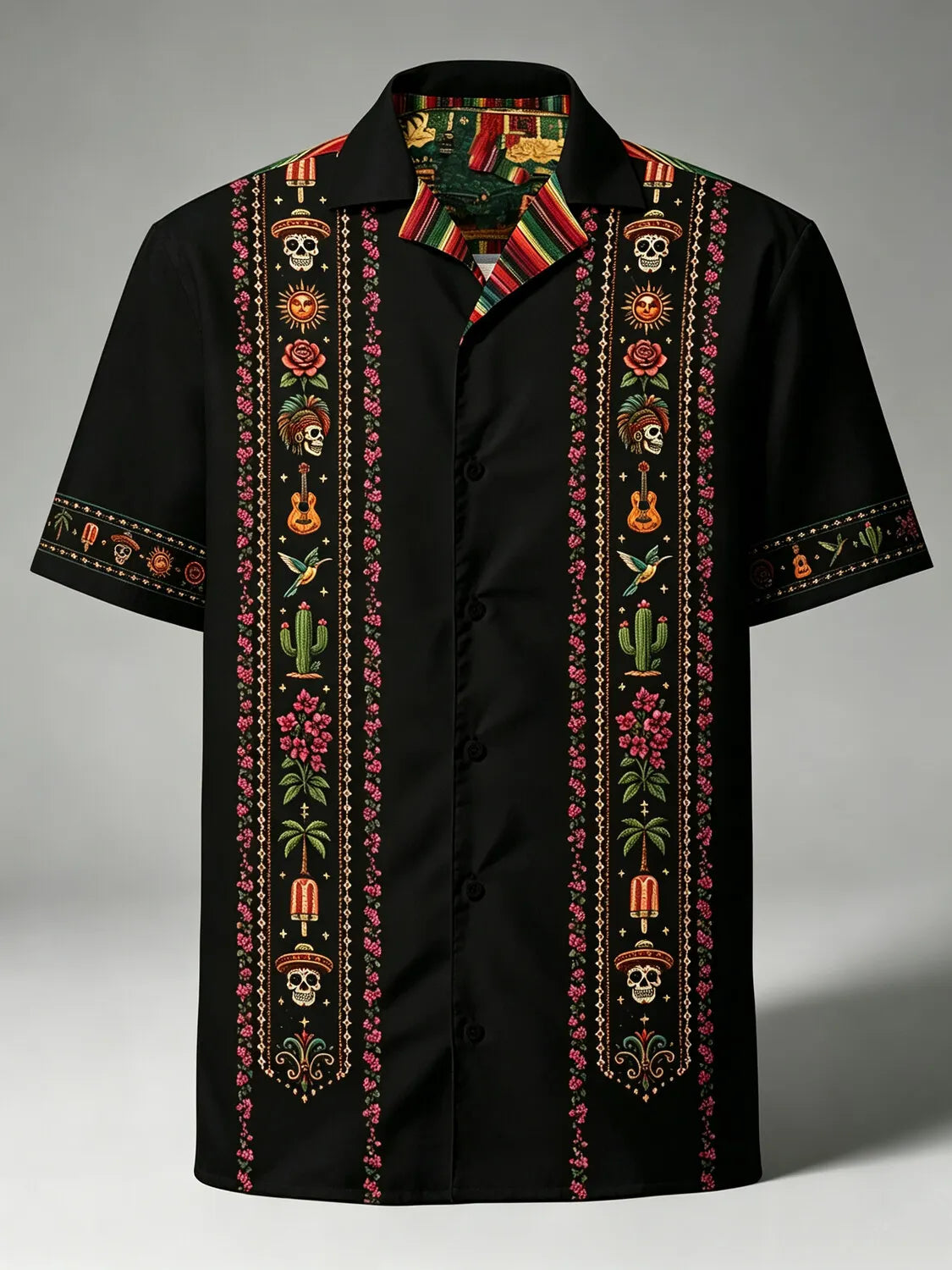 Men's Day Of The Dead Skull Rose Cactus Vertical Stripe Print Cuban Collar Short Sleeve Shirt