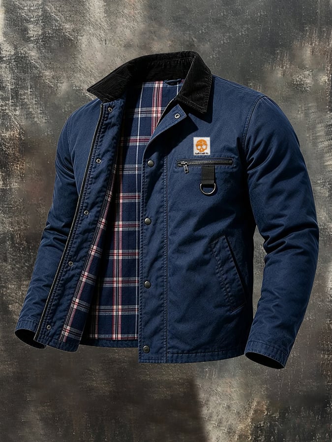 Men'S Retro Color-Block Workwear Jacket With Corduroy And Plaid Paneling