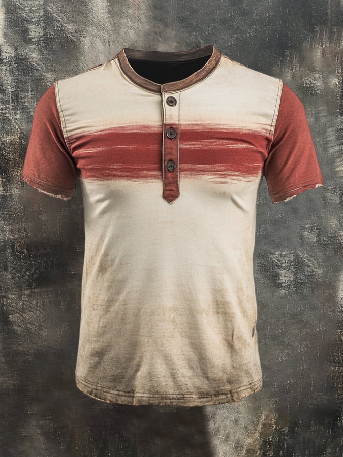 Men's Vintage Distressed Colorblock Casual Henley Short Sleeve T-Shirt