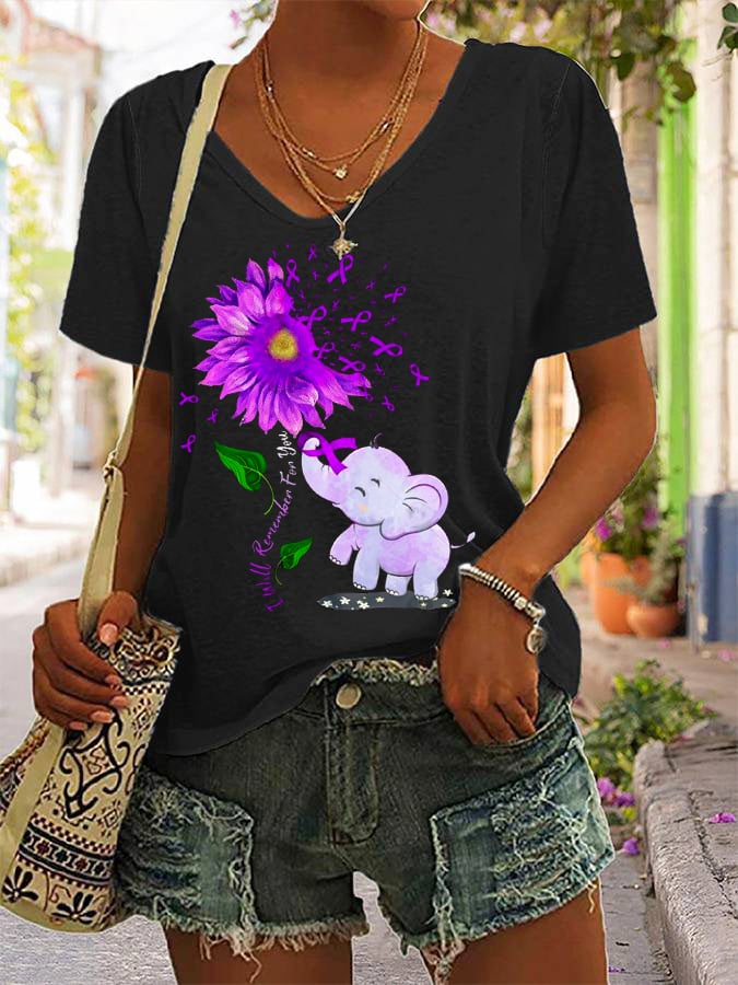 Women's I'll Remember For You Elephant Purple Ribbon Alzheimer's Awareness Fighter Supporter V-Neck Tee