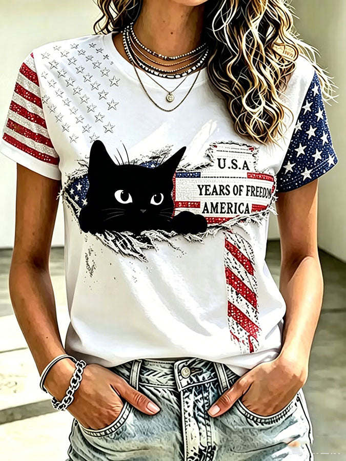 Women's USA Cat Printed Casual T-shirt