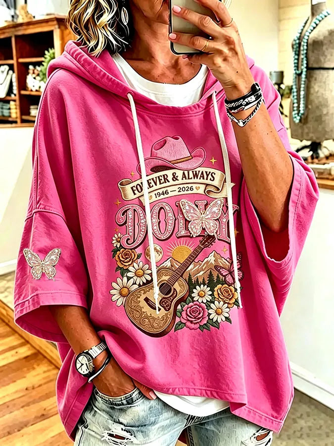 Women's commemorative printed round neck hooded sweatshirt