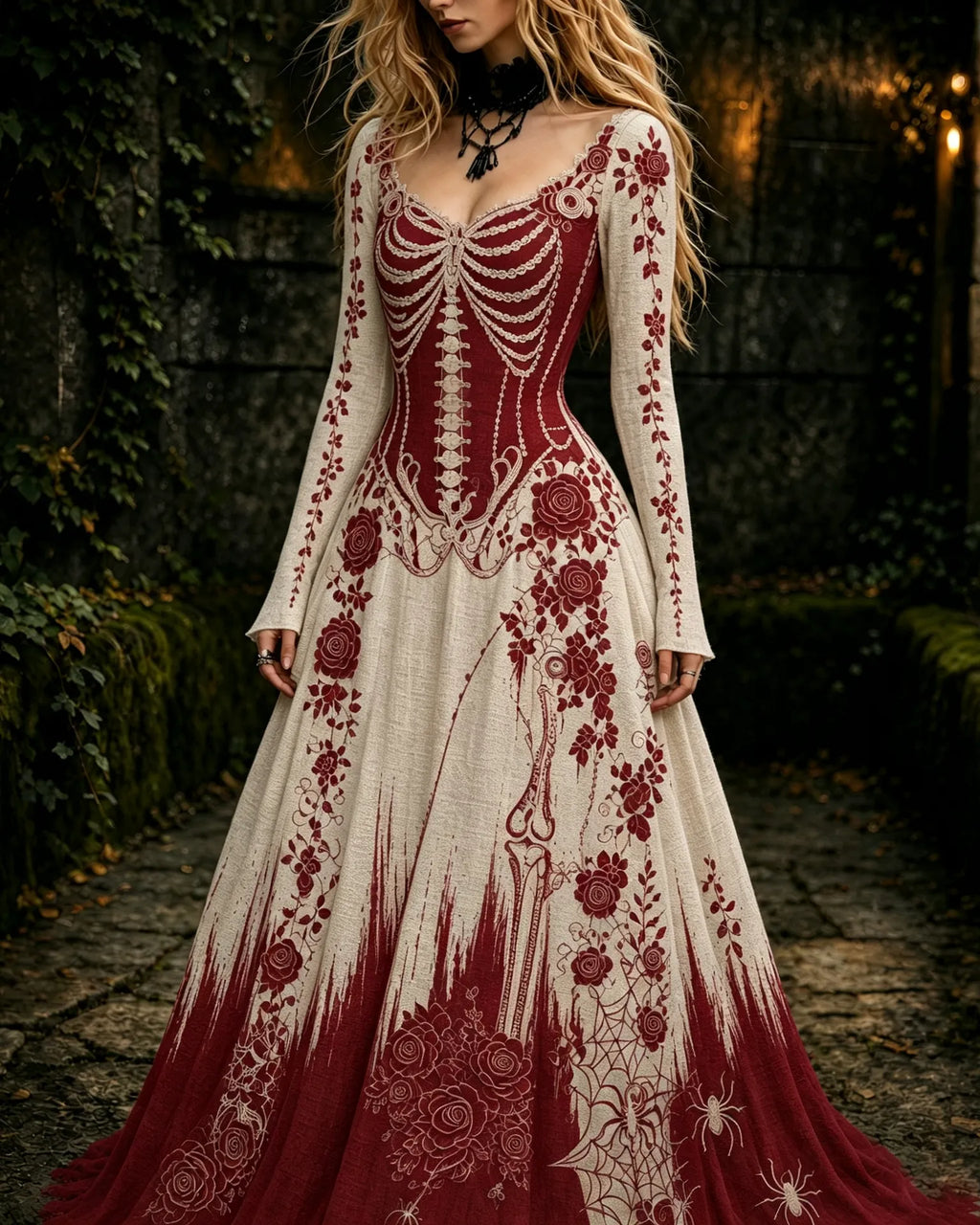 Women's Retro Gothic Skeleton And Rose Pattern Maxi Halloween Dress