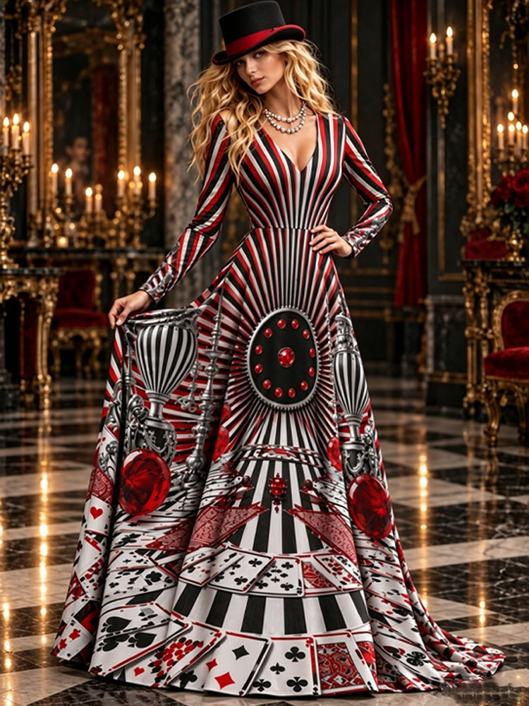 Women's Gothic Halloween Casino Element Poker Stripe Print Long-sleeve Dress