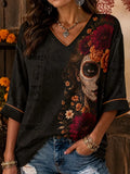 Women's Day Of The Dead Catrina Half‐Profile Rich Red Orange Blossom Print Mid-length Sleeves V-Neck T-Shirt