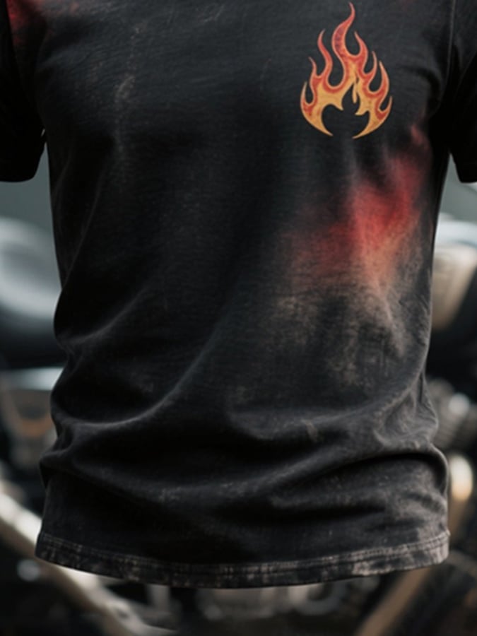 Men's retro gradient flame print round neck short sleeve T-shirt